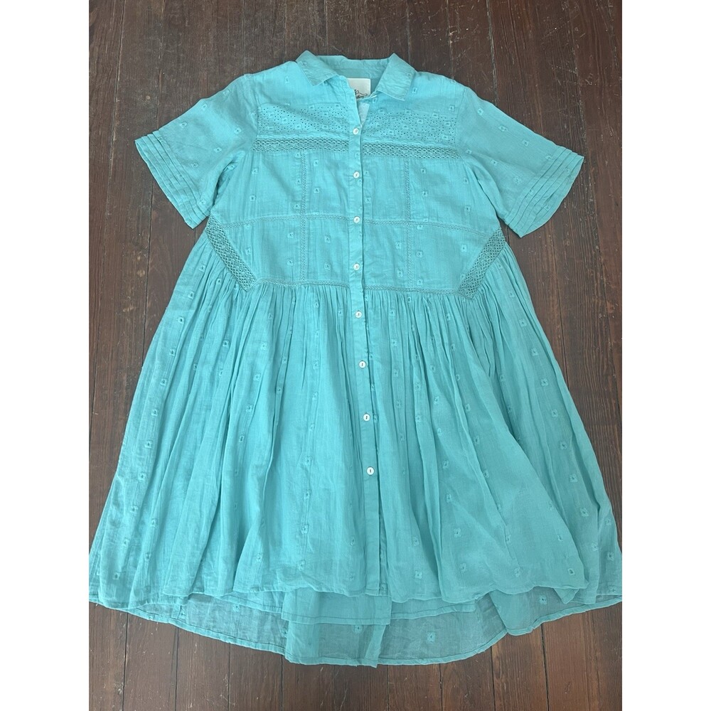 Layerz NWT 100% Cotton Collared Shirt Dress Flowy Gauzy Eyelet Seafoam Green M